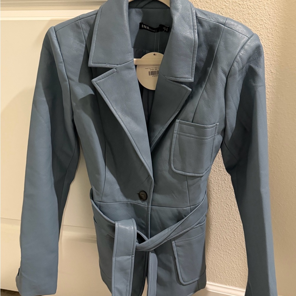 Au Darling Powered Blue Faux Leather Belted Jacket Small New - Picture 7 of 13